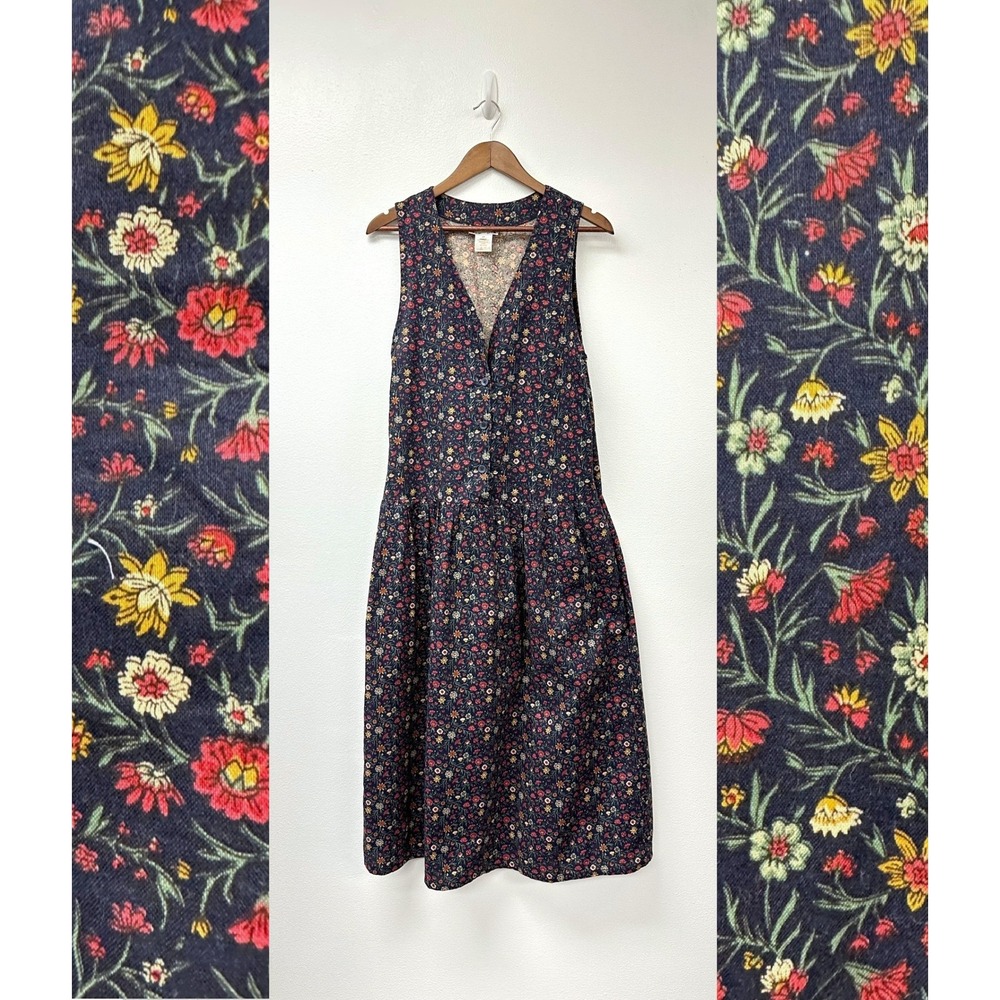 Vintage 90s Indian‎ Summer Sleeveless Ditsy Floral Prairie Midi Dress Navy S